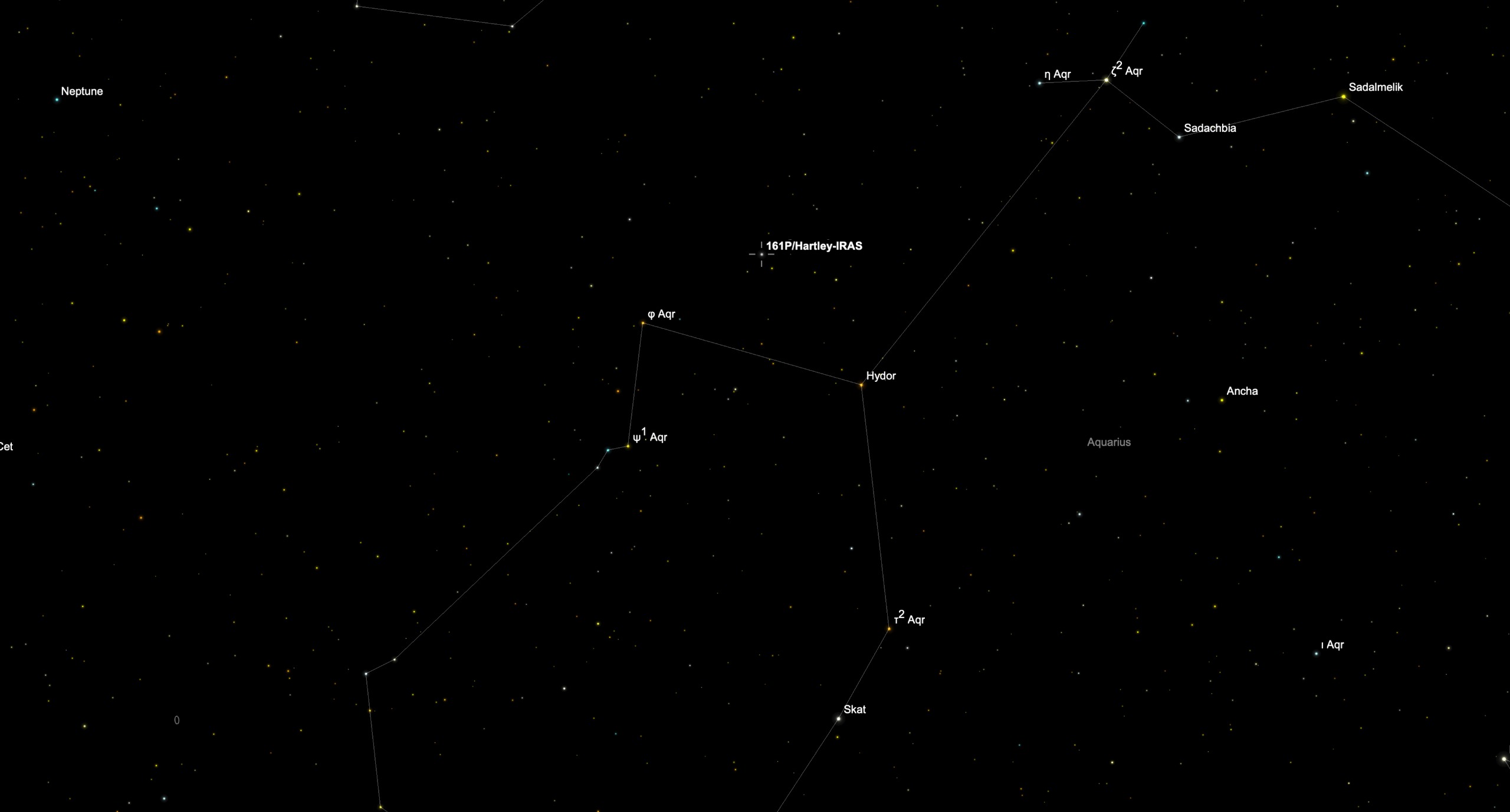 Star chart showing the location of Comet 161P/Hartley-IRAS among the stars of Aquarius on Oct. 2.