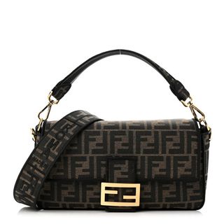 Fendi Fabric Jacquard Ff 1974 Medium Baguette Tobacco Moro Black