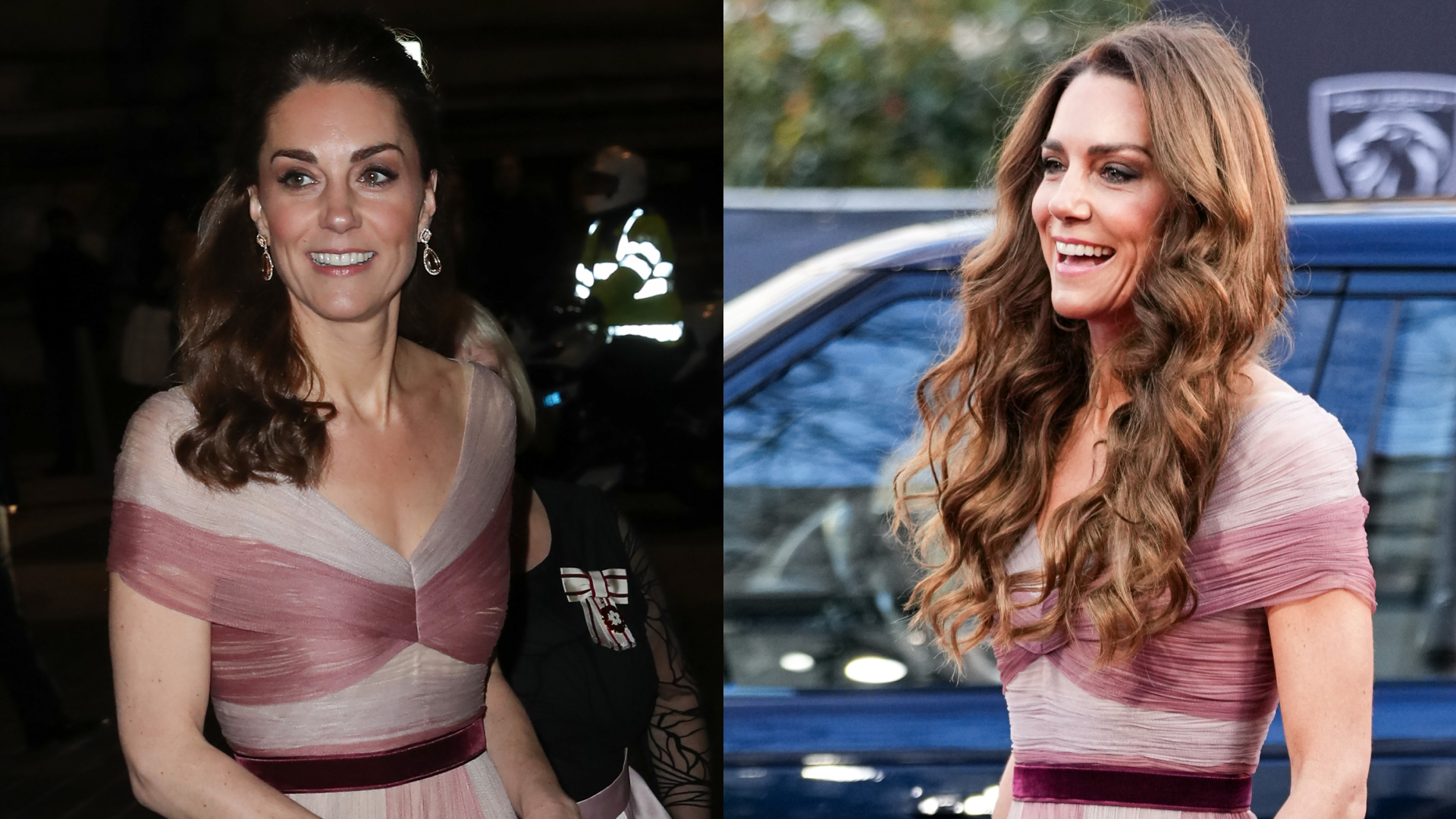 Princess Kate wearing a pink and mauve gown in 2019 and again in 2026