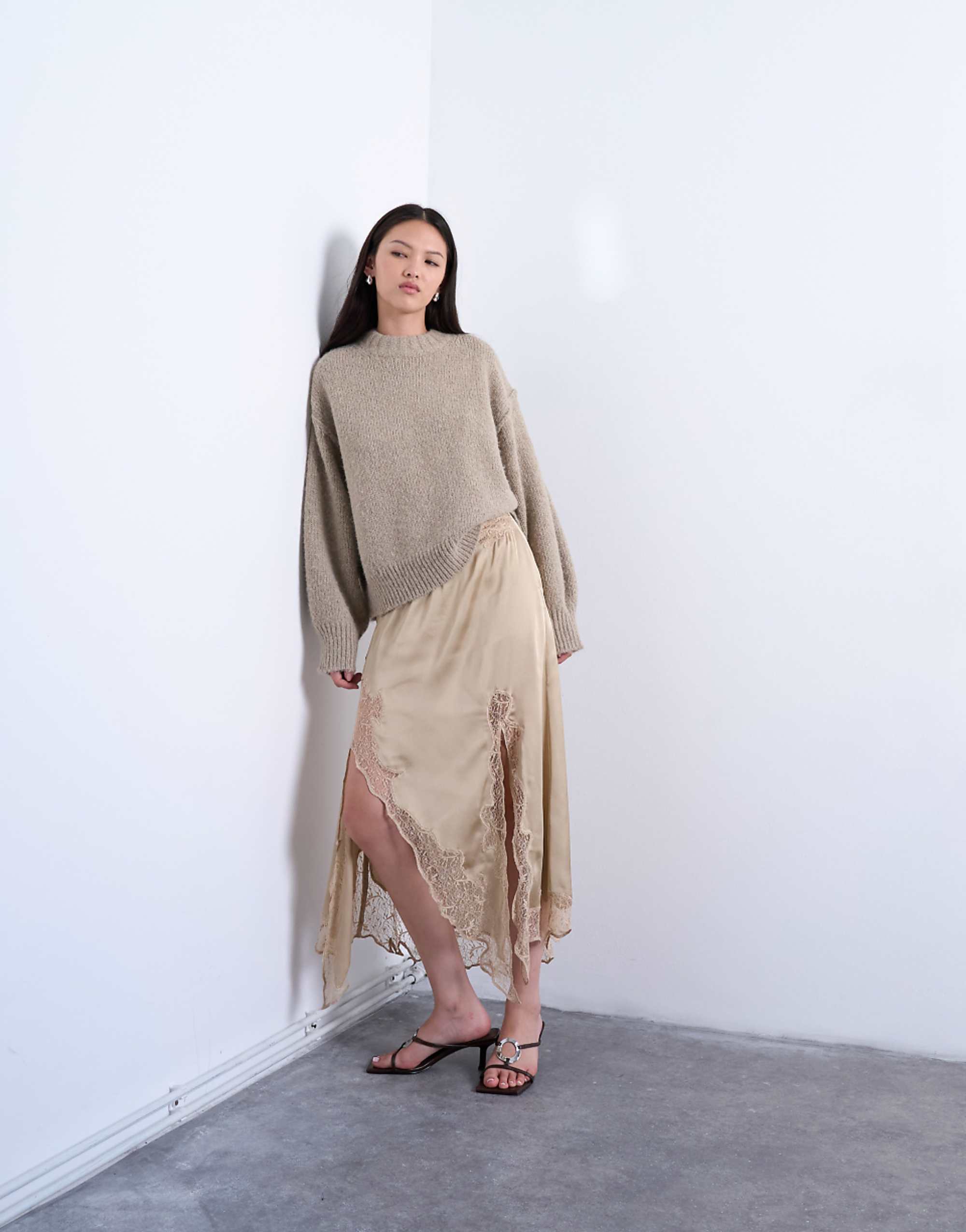 Topshop Satin and Lace Mix Hanky Hem Midi Skirt in Taupe