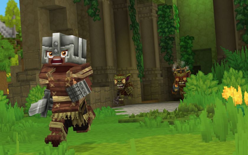 Hytale multiplayer server: A character holding a sword and wearing heavy armour running away from goblins chasing them from a ruin.