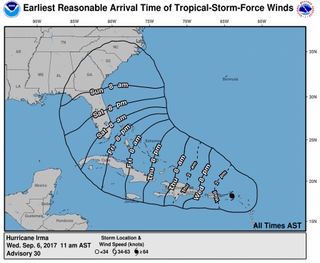 The estimated times that tropical-storm-force winds will arrive at each location, according an analysis made today (Sept. 6).