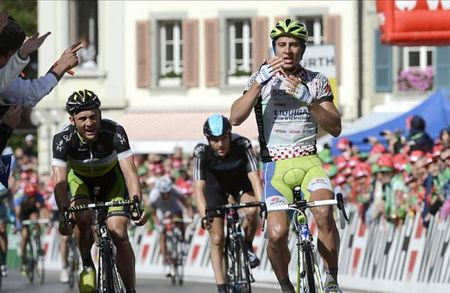 Peter Sagan (Liquigas-Cannondale) raises his arms to celebrate