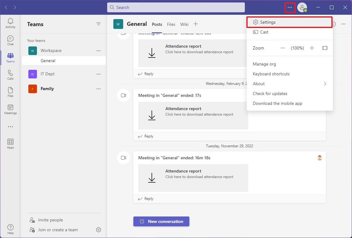 Microsoft Teams settings option