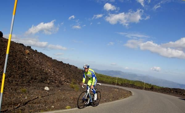 Vincenzo Nibali (Liquigas) pedalling to the top of Mount Etna.