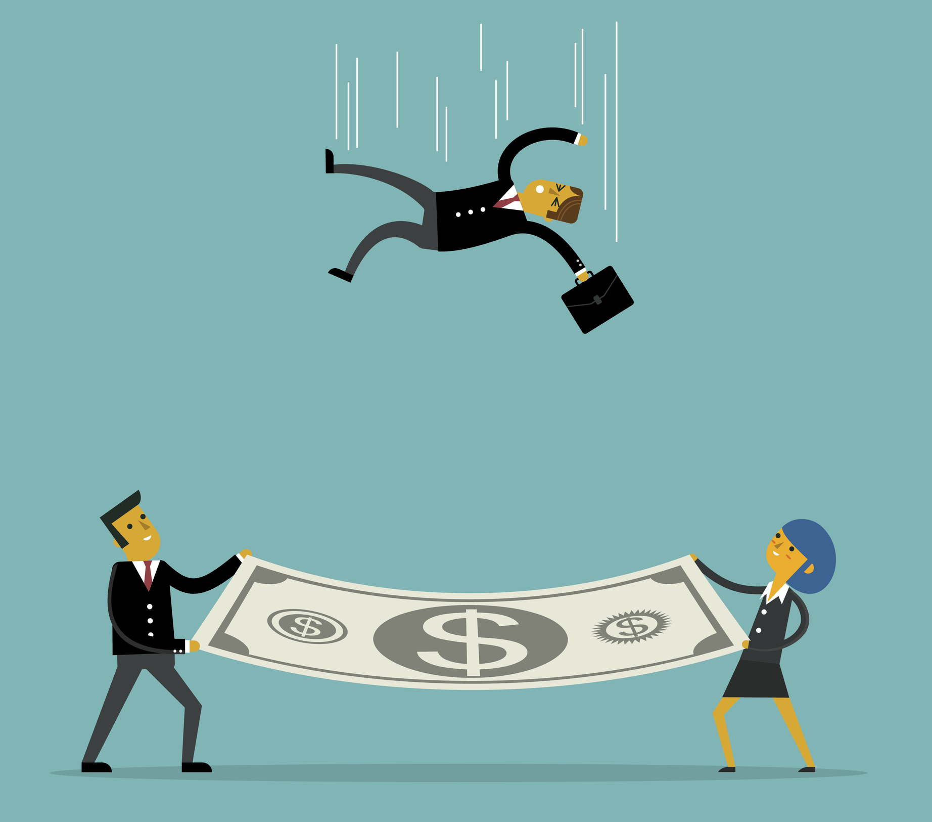 an animation of a person falling towards two people holding a dollar bill to catch him