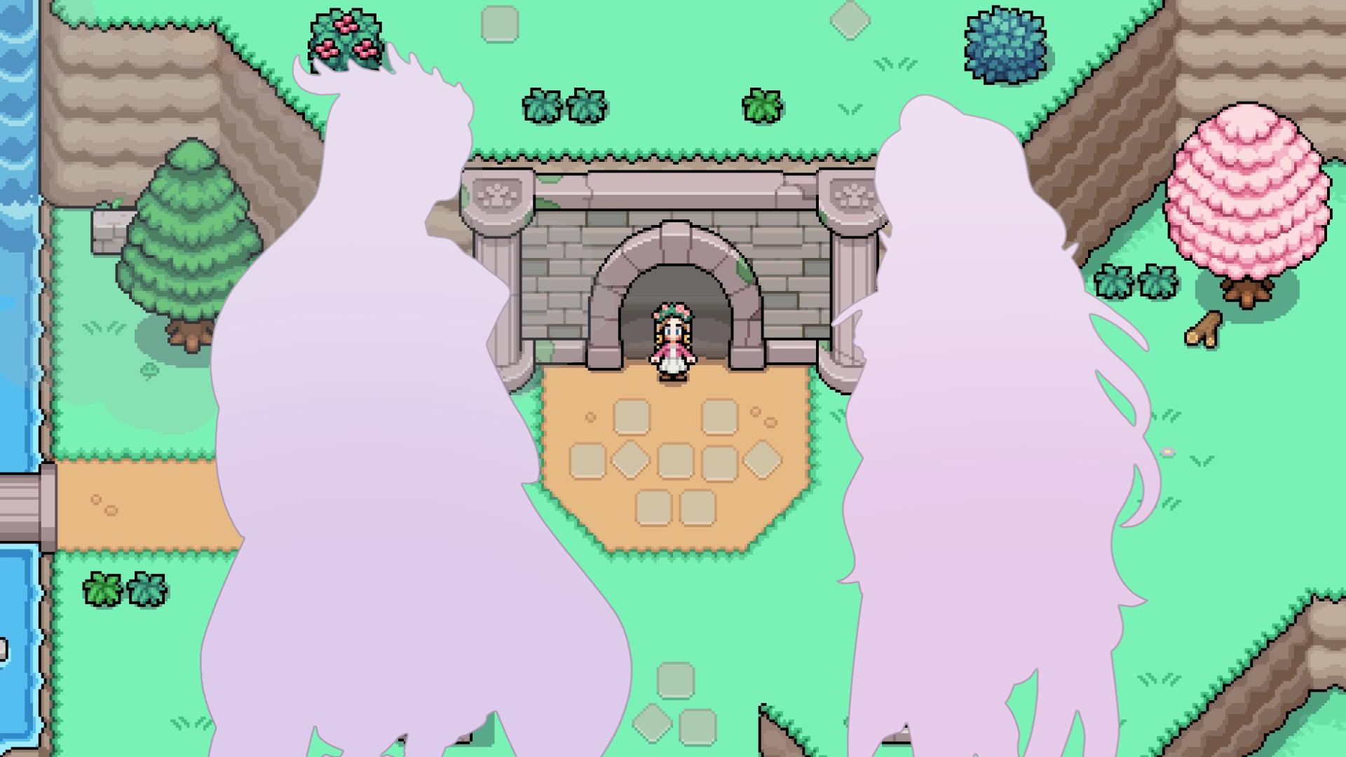 Fields of Mistria player stands in front of the mines entrance. An overlay of the silhouettes of the secret marriage candidates is on top.