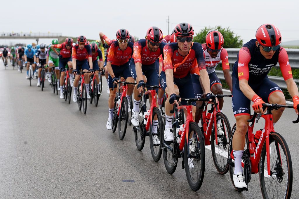 MELFI ITALY MAY 08 LR Salvatore Puccio of Italy and Team INEOS Grenadiers and Natnael Tesfatsion of Eritrea and Team Trek Segafredo compete during the 106th Giro dItalia 2023 Stage 3 a 213km stage from Vasto to Melfi 532m UCIWT on May 08 2023 in Melfi Italy Photo by Tim de WaeleGetty Images