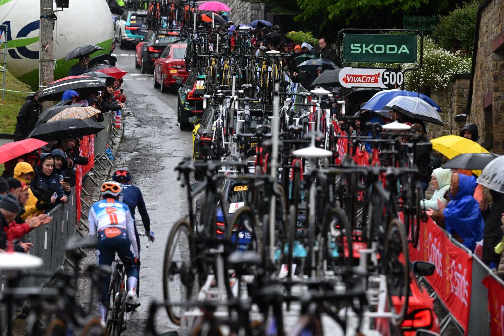 HUY BELGIUM APRIL 17 Teams car caravan during the 88th La Fleche Wallonne 2024 Mens Elite a 1986km one day race from Charleroi to Huy UCIWT on April 17 2024 in Huy Belgium Photo by Dario BelingheriGetty Images