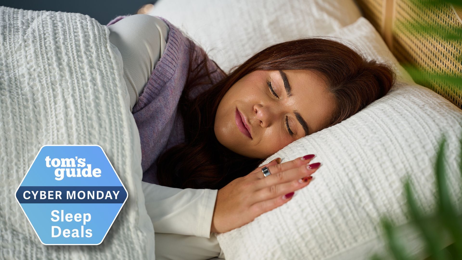 Tom&#039;s Guide Sleep Tech writer Eve Davies sleeps while wearing the Oura Ring Sleep Tracker, which is lower in price in today&#039;s Amazon Cyber Monday sleep sales