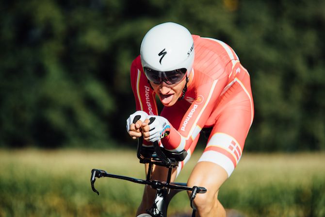 Mikkel Bjerg (Denmark) in full flight, heading for his second successive victory in U23 Men's Individual Time Trial