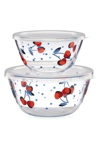 Kate Spade decorative glass containers with a pattern of cherries and polka dots