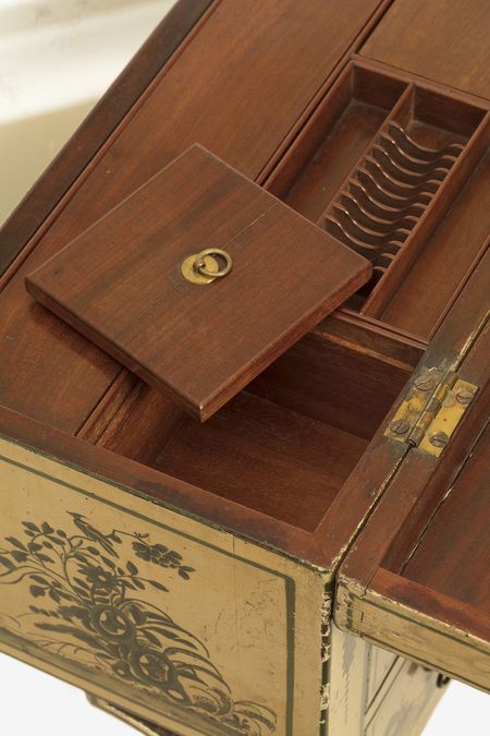 The fitted interior of lidded wells and open compartments of the Garrick Dressing Table. Credit: National Trust Images/James Dobson