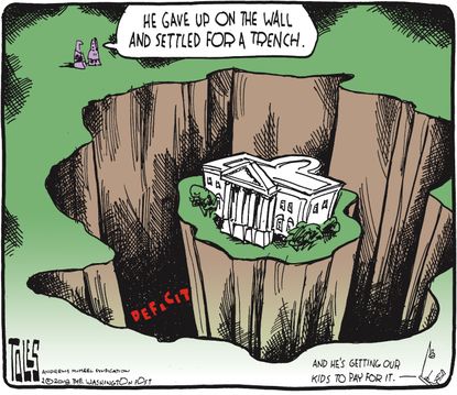 Political cartoon U.S. Trump border wall White House deficit spending bill