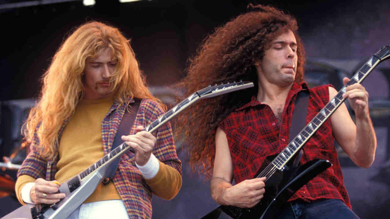 Megadeth&amp;rsquo;s Dave Mustaine and Marty Friedman performing onstage in the early 1990s