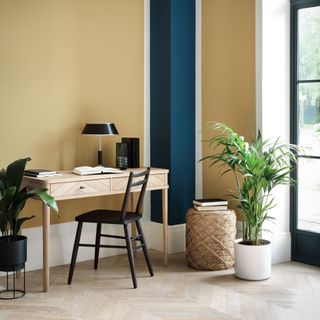 modern home office ideas, home office on side wall, yellow walls, blue stripe, chevron floor, footstool, black chair, black accents, plants