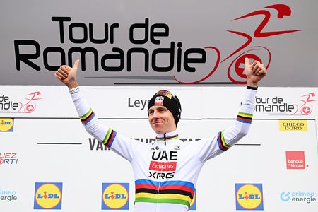 LEYSIN, SWITZERLAND - MAY 03: Tadej Pogacar of Slovenia and UAE Team Emirates - XRG celebrates at podium as stage winner during the 79th Tour de Romandie 2026, Stage 5 a 178.2km from Lucens to Leysin 1312m / #UCIWT / on May 03, 2026 in Leysin, Switzerland. (Photo by Dario Belingheri/Getty Images)