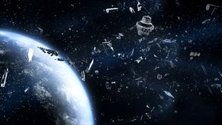 an illustration depicting many large pieces of metallic garbage orbiting the Earth
