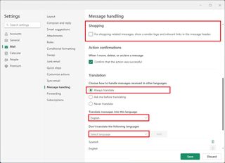 Outlook email translate settings