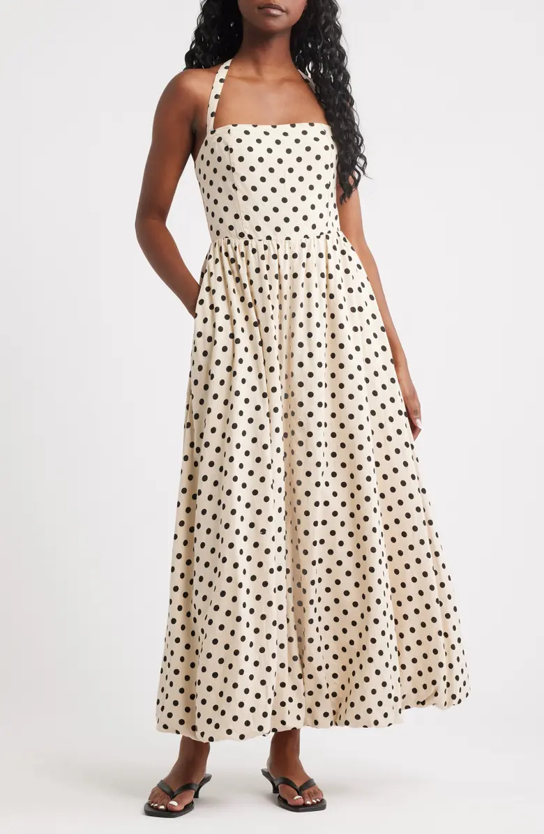 Spotty Halter Neck Linen Blend Fit & Flare Dress