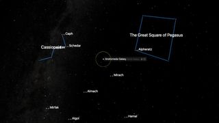 Star map showing the constellations Cassiopeia and Pegasus, with Cassiopeia’s distinctive " "W" shape highlighted and the Great Square of Pegasus outlined. Key stars like Caph and Schedar in Cassiopeia and Alpheratz in Pegasus are labeled. The Andromeda Galaxy is marked within a circle near these constellations, along with other stars such as Mirach, Almach, Mirfak, and Algol, providing orientation for stargazers.