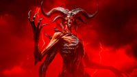Promotional key art of the Diablo 4 Lord of Hatred expansion. Clouds of crimson surround a lanky demon covered in red and black sinew. It's face is a skull with massive, twisted horns and bright red eyes.
