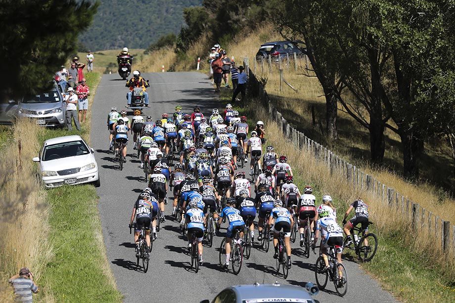 The peloton on lap two of nine on the climb