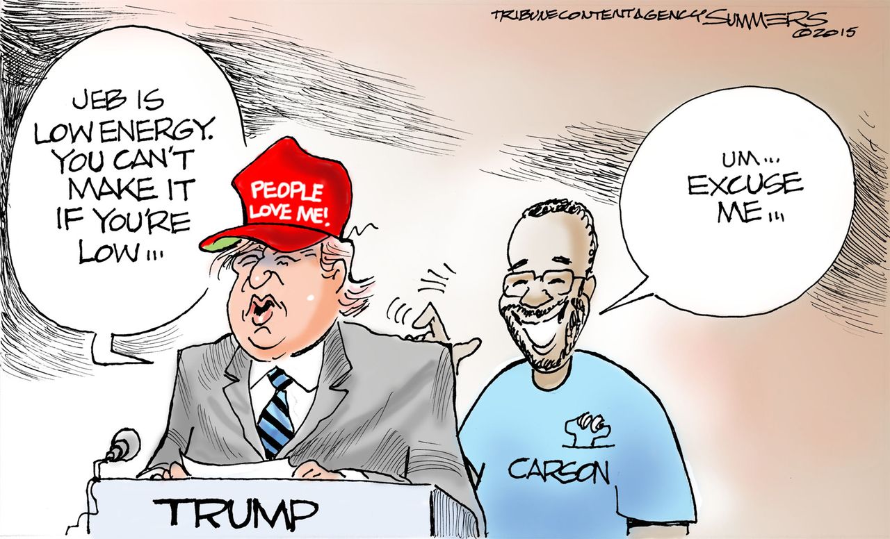 Political cartoon U.S. Trump Carson Jeb Bush