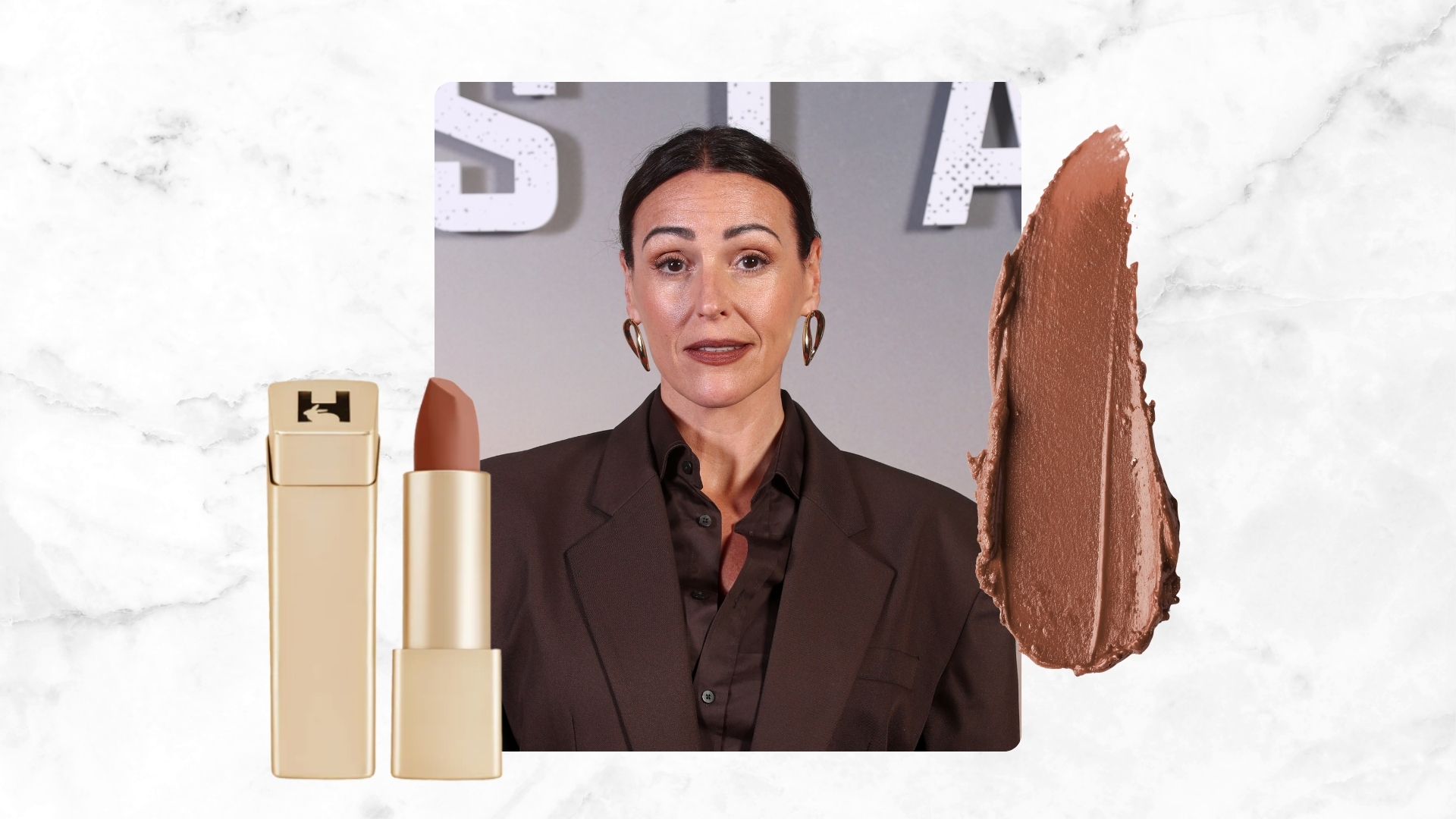 Suranne Jones is pictured wearing a brown pantsuit and brown lipstick whilst attending the &quot;Hostage&quot; UK screening at The Ham Yard Hotel on August 18, 2025 in London, England, alongside a product shot of the Hourglass Unlocked Soft Matte Lipstick in shade Poppy, and a brown lipstick swatch image/ all featured together on a white and grey marbled template.