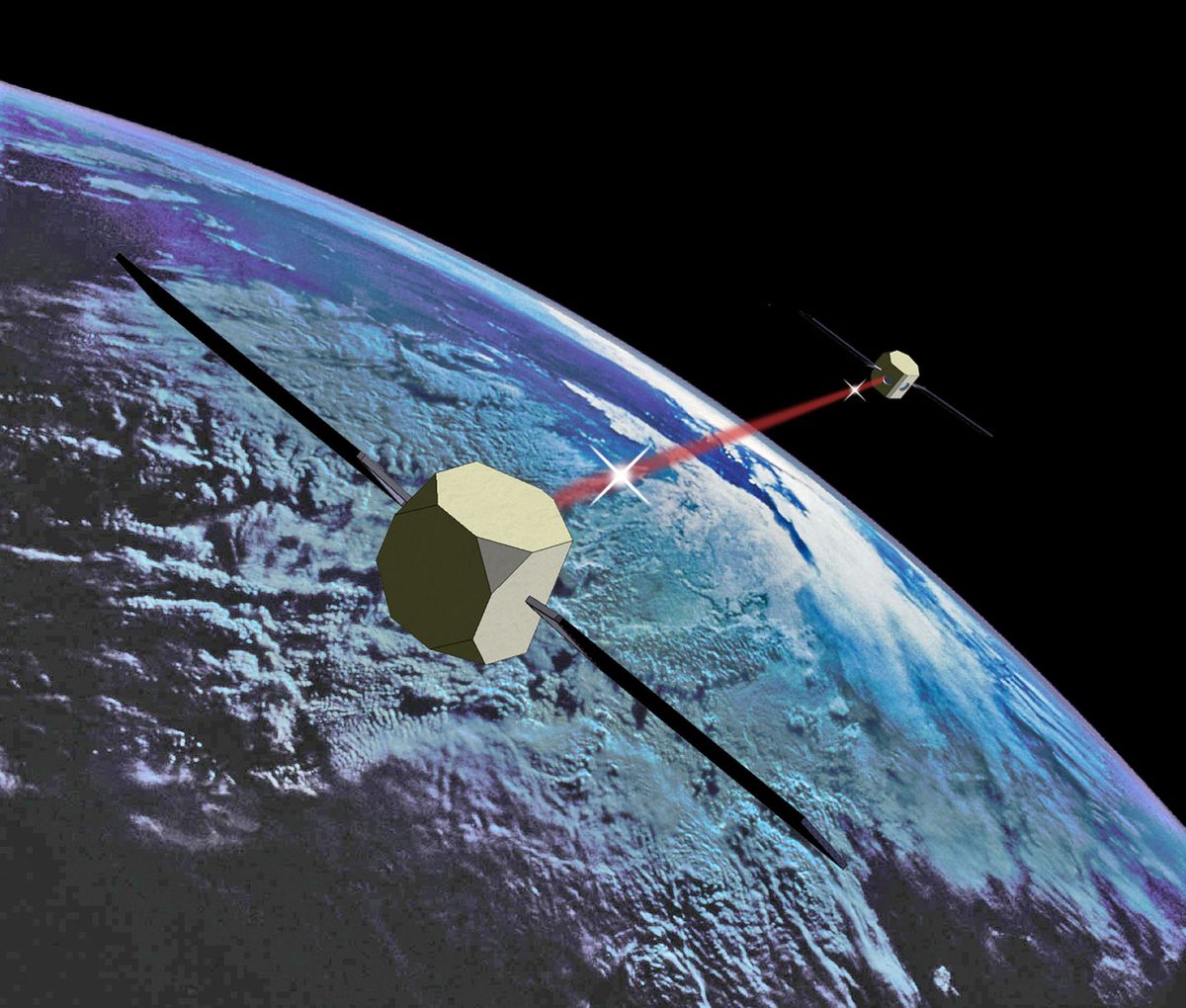 An illustration of an atom interferometer spacecraft mission to hunt for gravity waves.