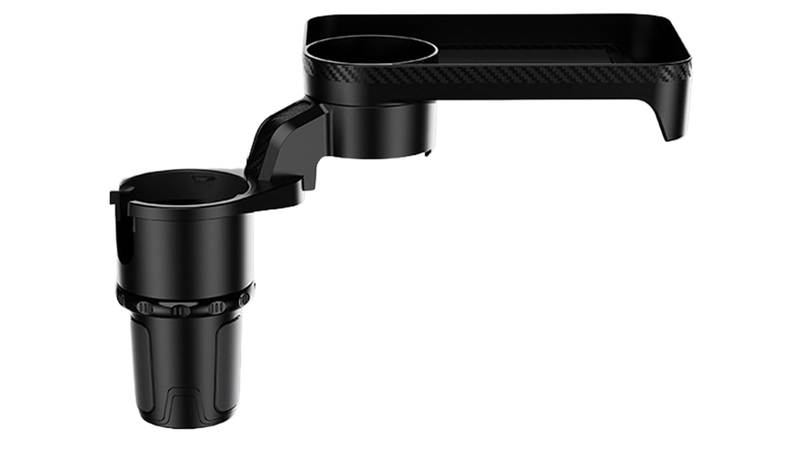 A black cup holder tray table, pictured against a white background