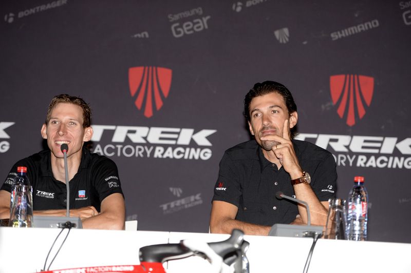 Bauke Mollema with Trek teammate Fabian Cancellara during the press conference