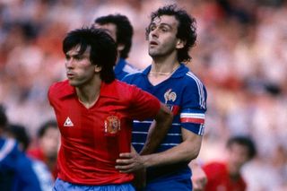 Spain's Francisco Carrasco and France's Michel Platini in the final of Euro 1984.