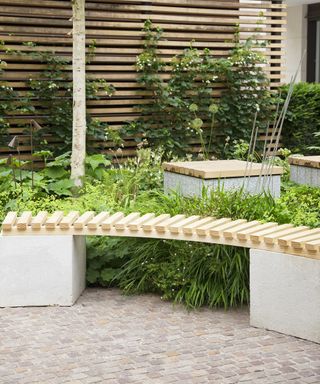 Curved wood slat bench with wood slat fence and lush green planting in the background