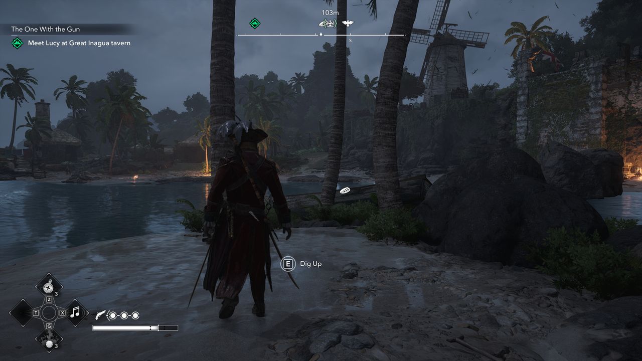 Black Flag treasure maps: Edward standing on a small island off the coast, with a windmill on the hill in the distance.