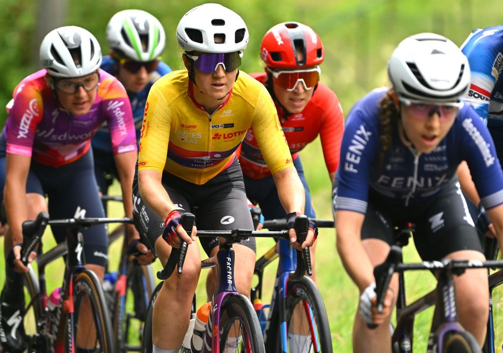 SCHMALKALDEN GERMANY JUNE 30 Ruth Edwards of The United States and Team Human Powered Health Yellow Leder Jersey competes during the 36th Internationale LOTTO Thringen Ladies Tour 2024 Stage 6 a 1054km stage from Schmalkalden to Schmalkalden on June 30 2024 in Schmalkalden Germany Photo by Luc ClaessenGetty Images