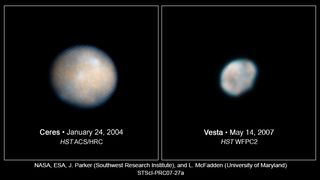 Hubble Space Telescope imaged the asteroid Vesta and the dwarf planet Ceres in 2007, both targets of NASA's Dawn mission.