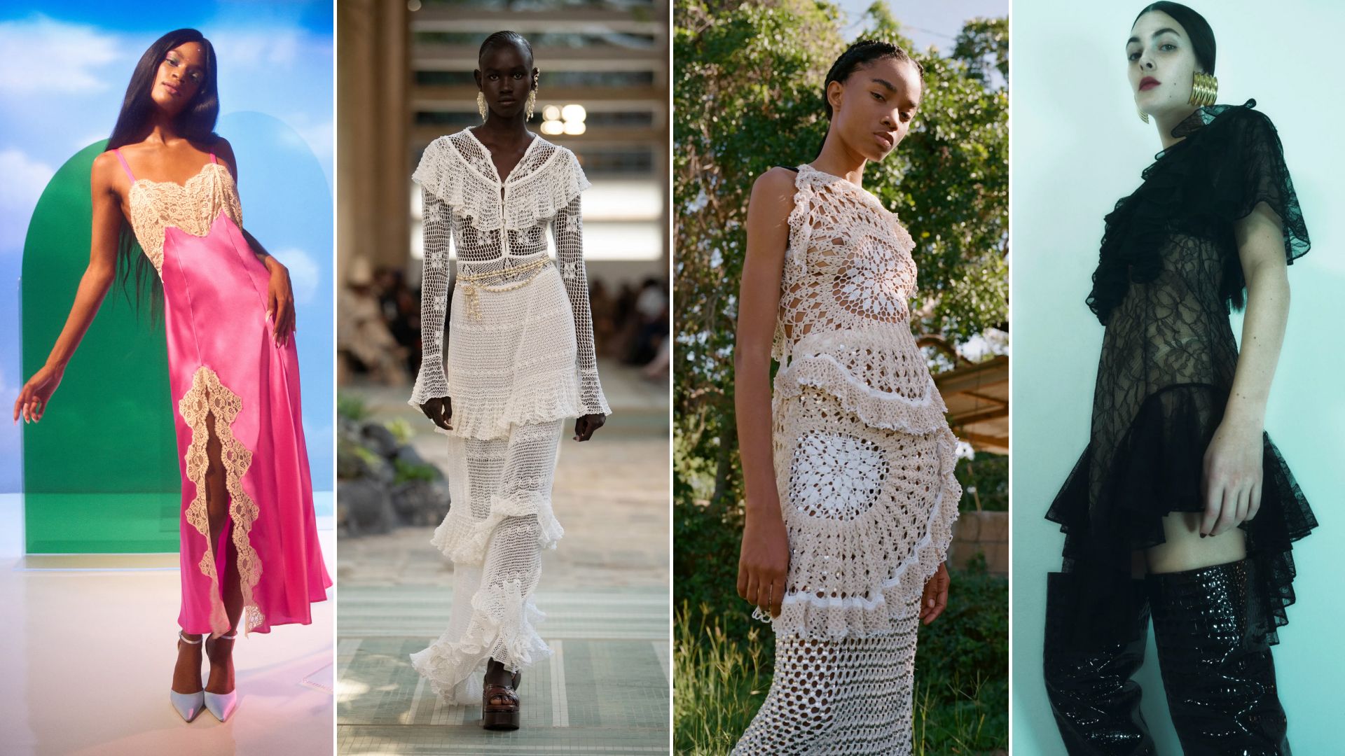 Pink Rodarte lace slip dress, white Chanel lace dress, white Diotima lace top and skirt, and black lace dress by Khaite