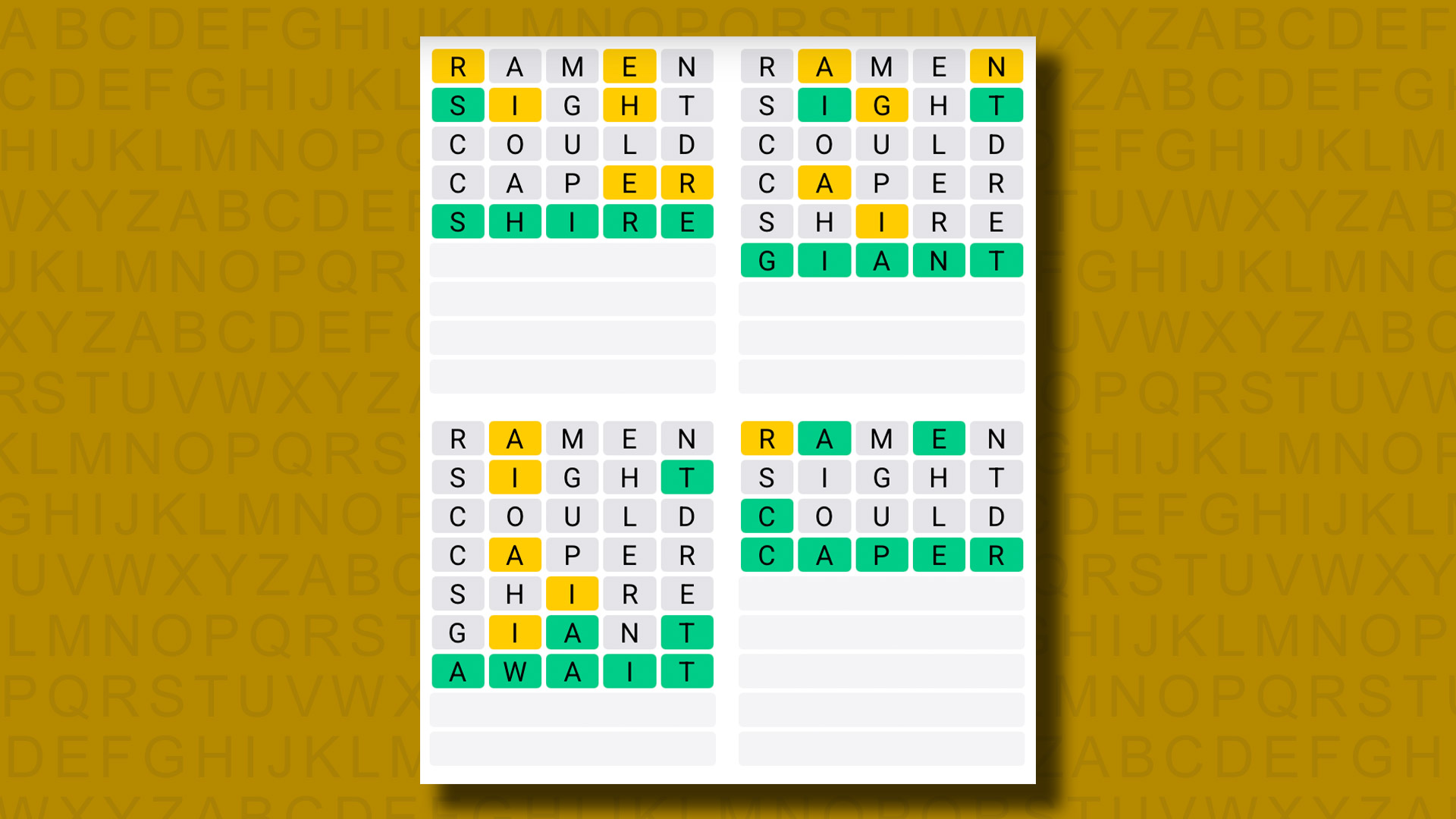 Quordle answers for game 1215 on a yellow background