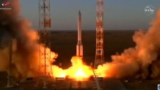 The Proton M rocket with the Russian Nauka module aboard blasting off Russia's Baikonur Cosmodrome in Kazakhstan.