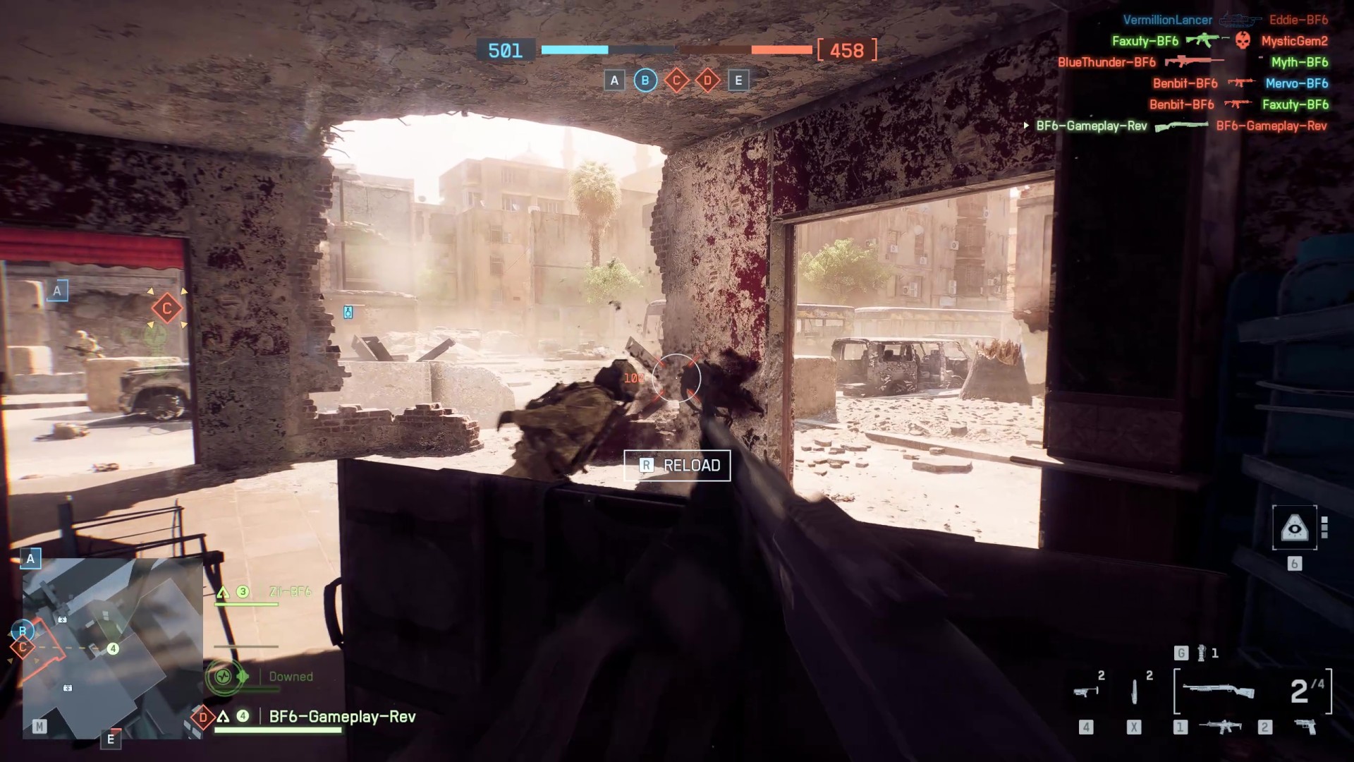 Reloading while taking cover in a blown out building Battlefield 6 as a team mate runs by