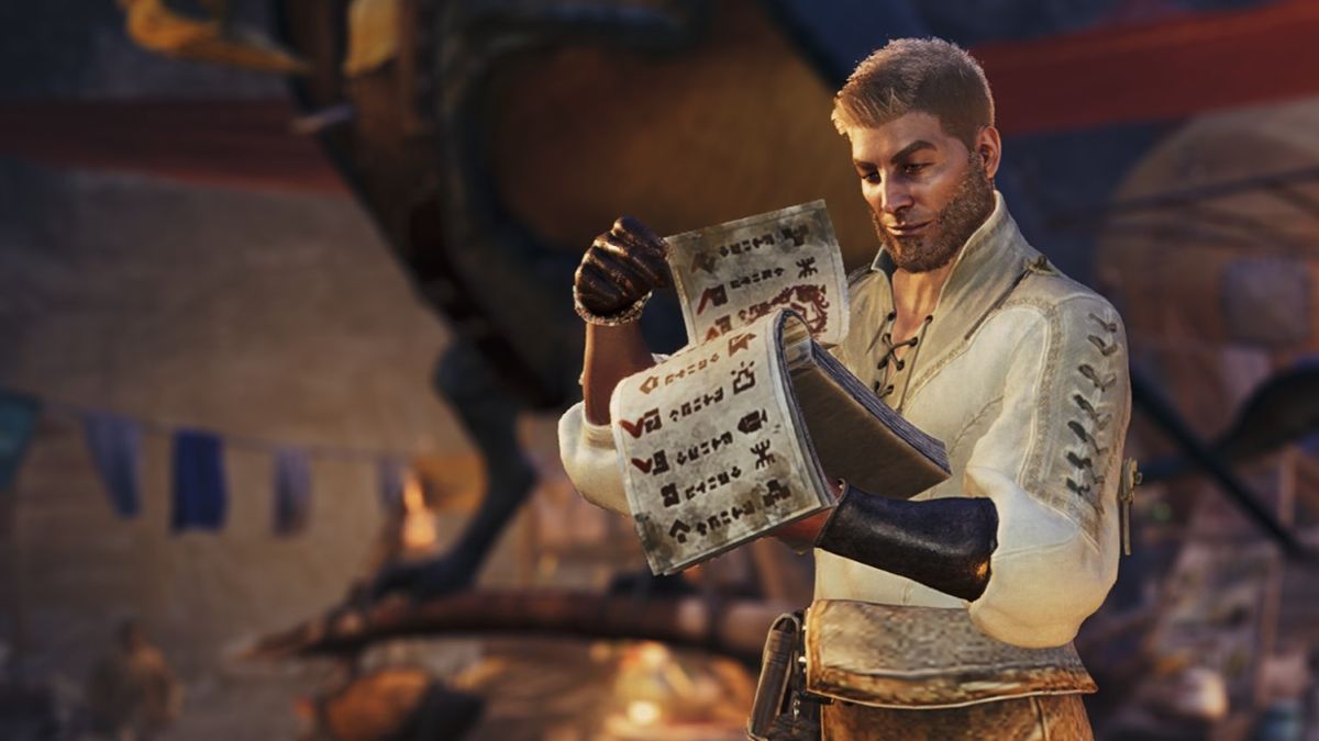 Monster Hunter Wilds&#039; stockpile master studying a manifest