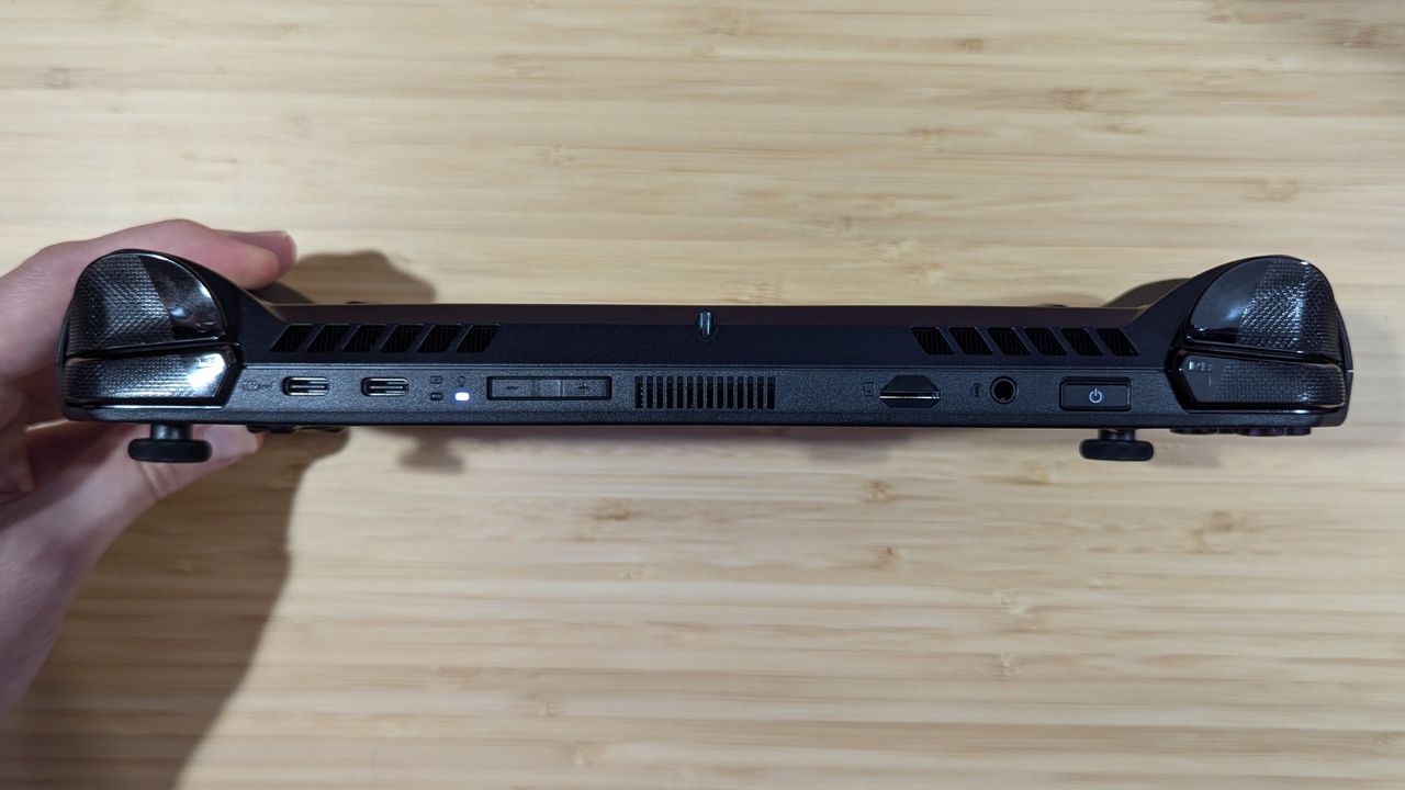 The top of the Asus ROG Ally X, which highlights its ports and inputs, such as two Type-C ports, the volume buttons, the power button, and the headphone jack.