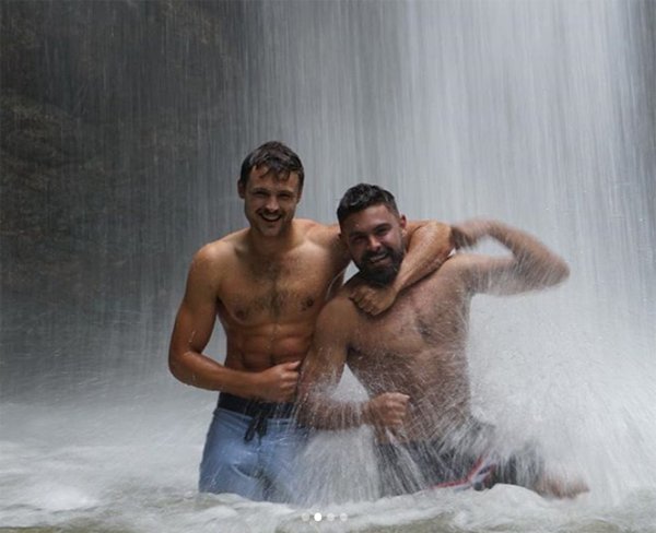 Dylan and Zac Efron in waterfall image from Zac Efron Instagram