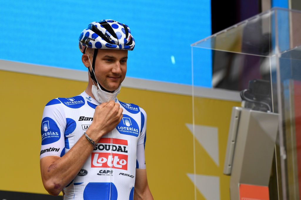 SALLENT DE GLLEGO SPAIN OCTOBER 25 Start Tim Wellens of Belgium and Team Lotto Soudal Polka Dot Mountain Jersey Face ID Signature Covid safety measures Mask Team Presentation during the 75th Tour of Spain 2020 Stage 6 a 1464km stage from Biescas to Sallent de Gllego Aramn Formigal 1790m lavuelta LaVuelta20 La Vuelta on October 25 2020 in Sallent de Gllego Spain Photo by David RamosGetty Images