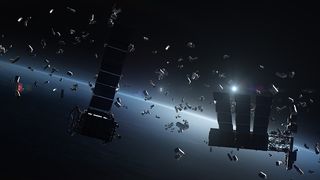 A rendering in low orbit above Earth, showing many pieces of space debris of various sizes floating about.