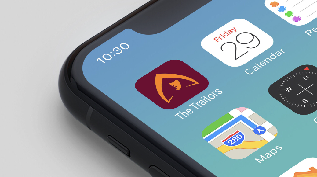 A smartphone screen displays a custom app icon for The Traitors featuring the show's signature hooded mask logo.