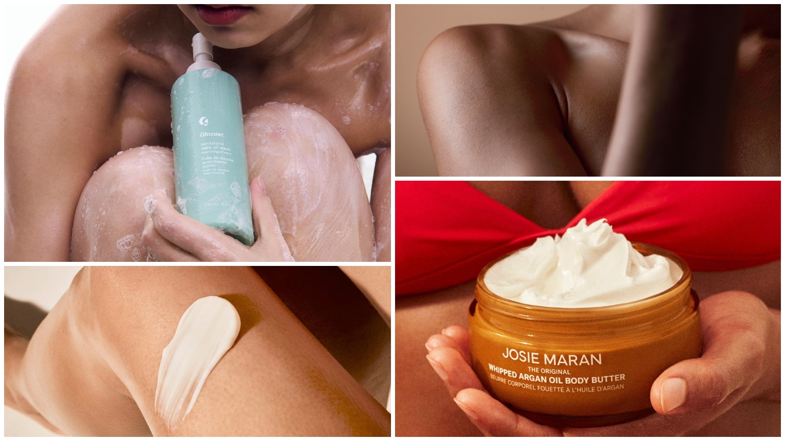 collage of woman in shower with glossier body wash, woman&#039;s shoulder, woman&#039;s leg with lotion, and a hand holding josie maran body butter with white border