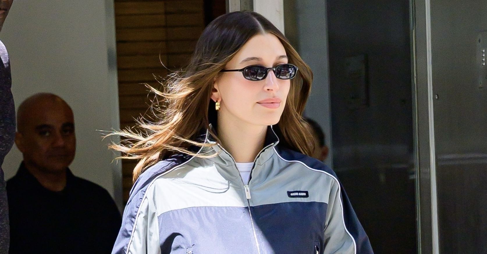 hailey bieber capri pants miu miu windbreaker
