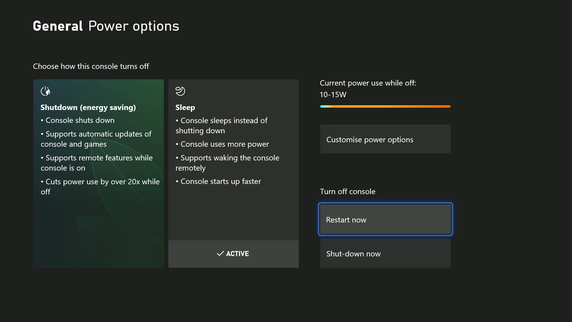 Xbox Series X power options settings menu with Restart Now button